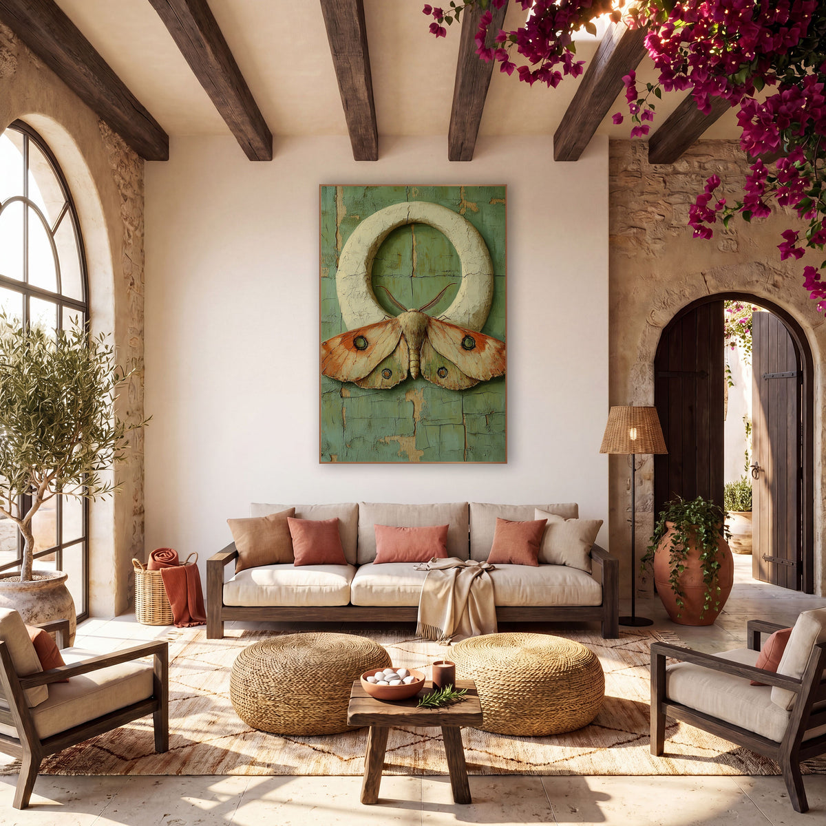 Eyespot Moth Ring Bohemian wall art in a warm boho-style room – large peach and orange moth with green eyespots