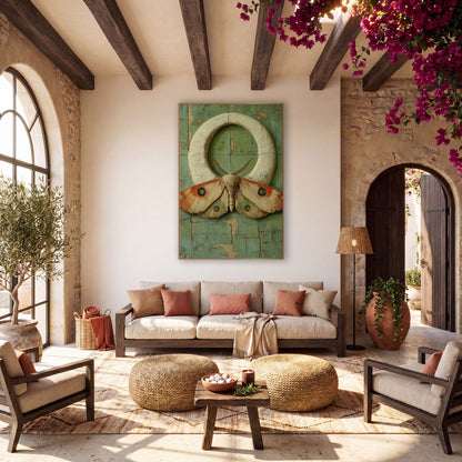 Eyespot Moth Ring Bohemian wall art in a warm boho-style room – large peach and orange moth with green eyespots
