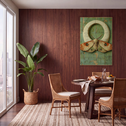 Eyespot Moth Ring Bohemian wall art in a warm boho-style room – large peach and orange moth with green eyespots