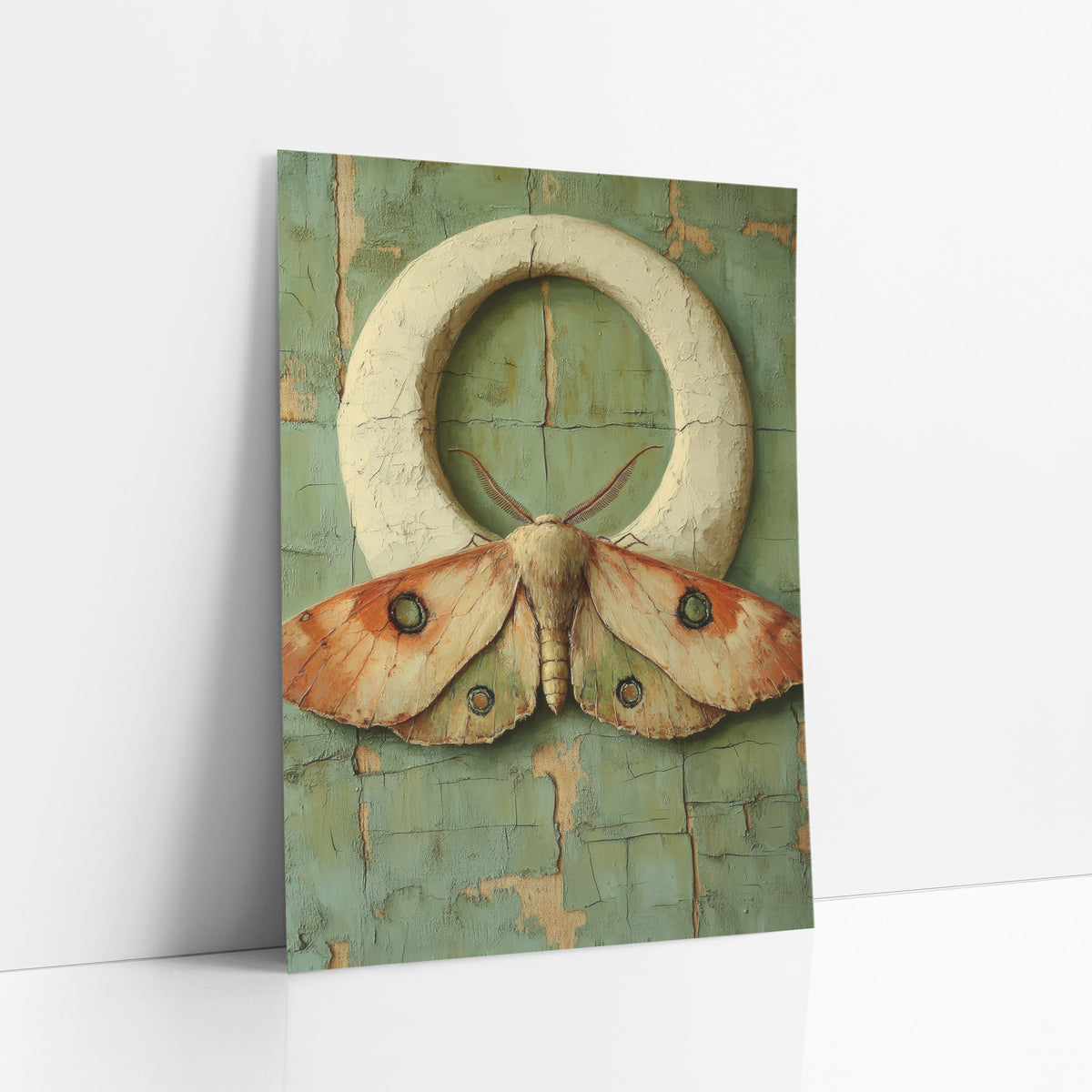 Eyespot Moth Ring Bohemian art print leaning against a white wall – large peach and orange moth with green eyespots beneath