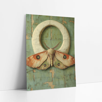Eyespot Moth Ring Bohemian art print leaning against a white wall – large peach and orange moth with green eyespots beneath