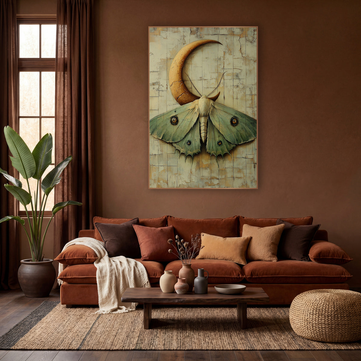 Sage Luna Moth Crescent Boho wall art in a warm boho-style room – pale green luna moth with amber eyespots beneath