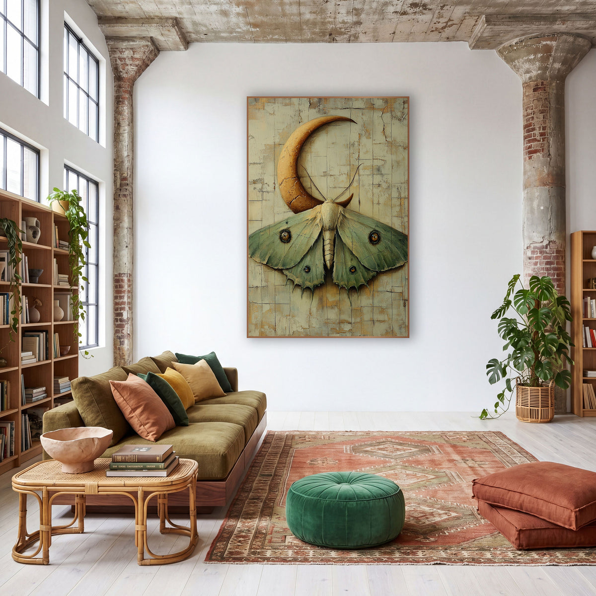 Sage Luna Moth Crescent Boho wall art in a warm boho-style room – pale green luna moth with amber eyespots beneath