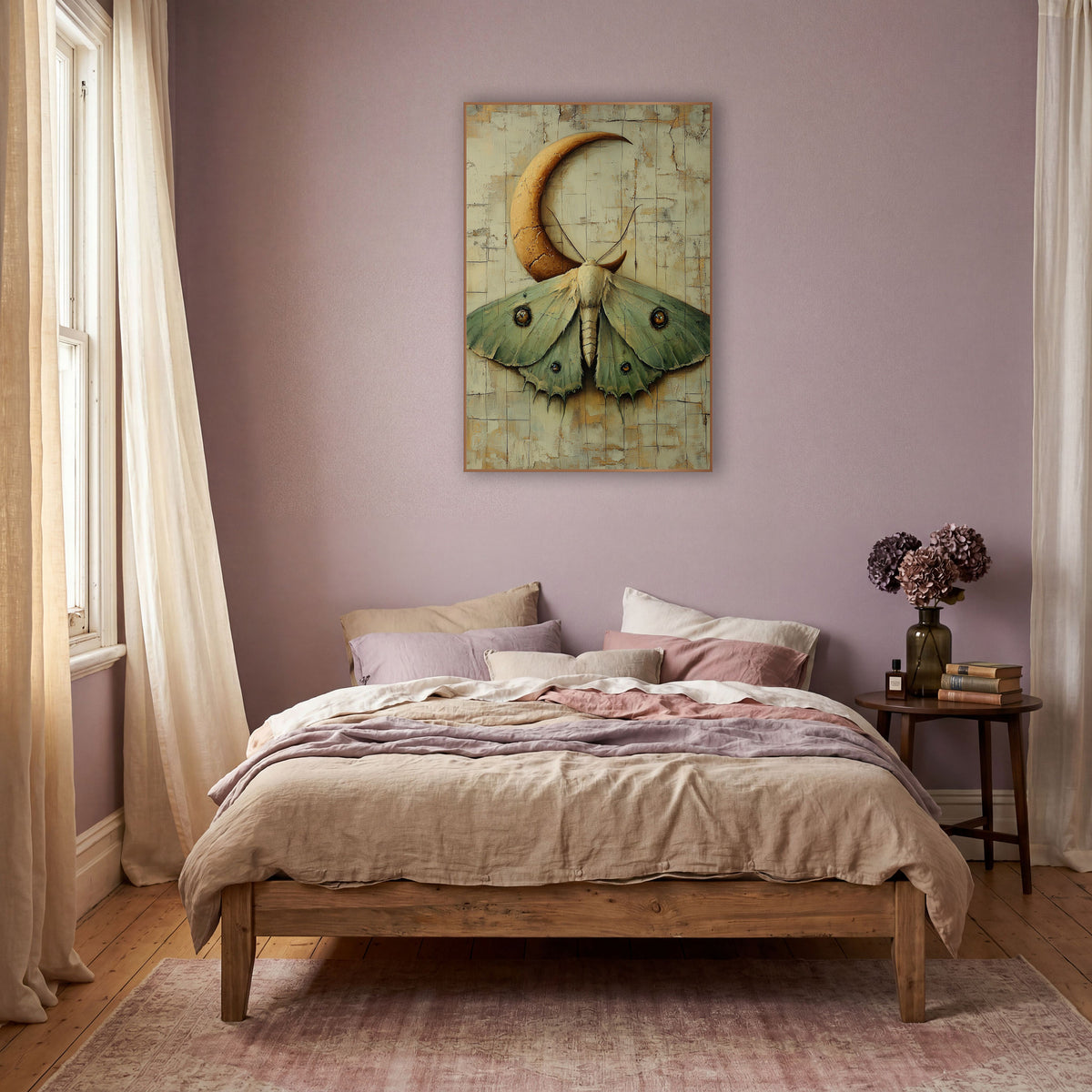Sage Luna Moth Crescent Boho wall art in a warm boho-style room – pale green luna moth with amber eyespots beneath