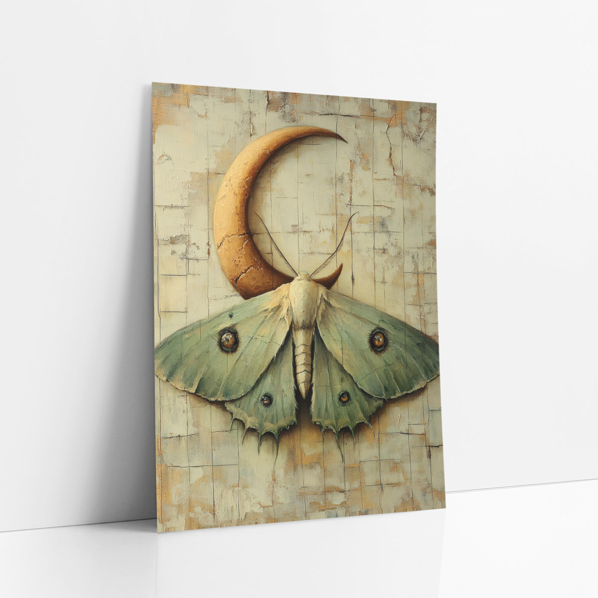 Sage Luna Moth Crescent Boho art print leaning against a white wall – pale green luna moth with amber eyespots beneath