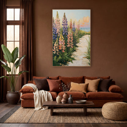 Seaside Lupine Path Bohemian wall art in a warm boho-style room – tall violet, pink and coral lupines and green beach