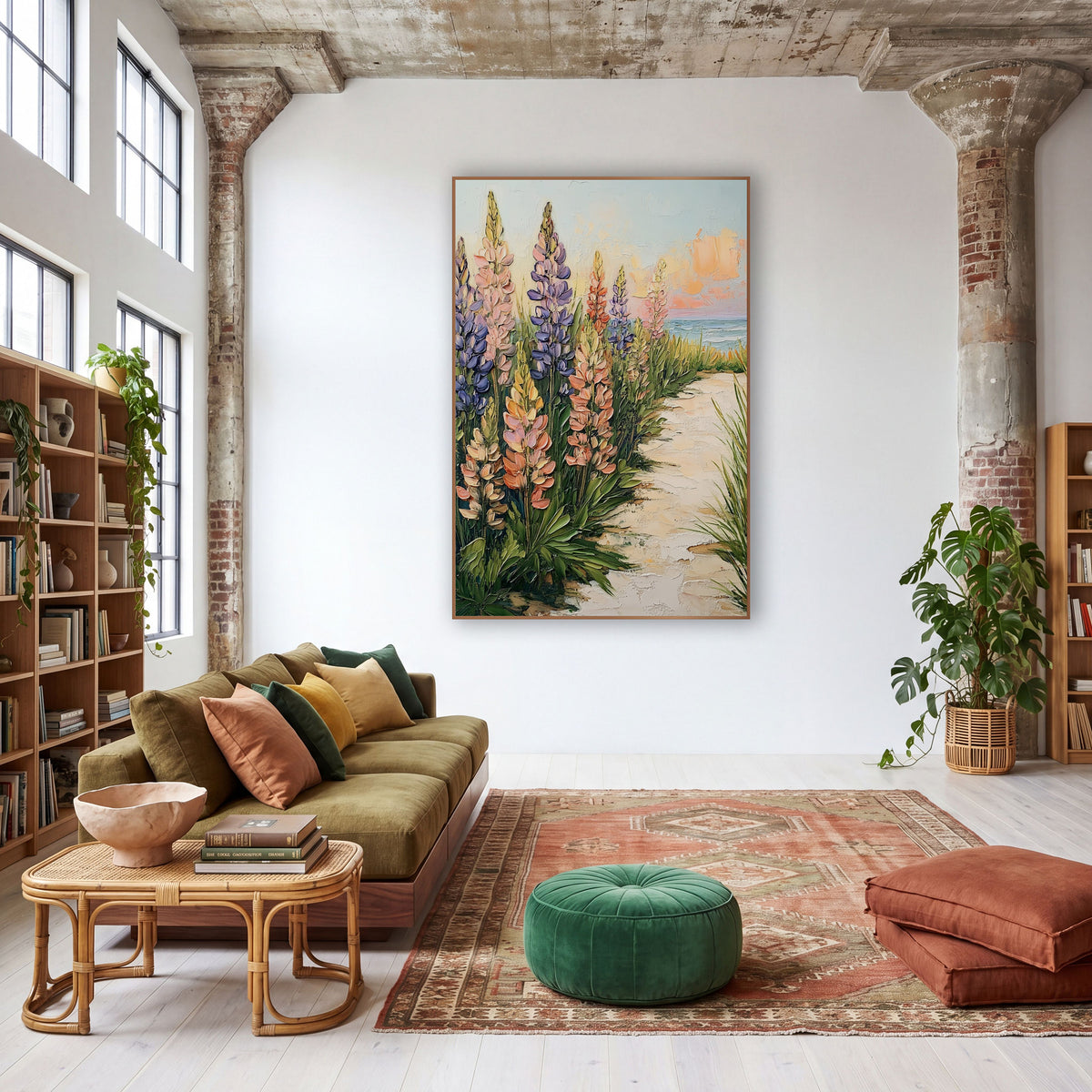 Seaside Lupine Path Bohemian wall art in a warm boho-style room – tall violet, pink and coral lupines and green beach