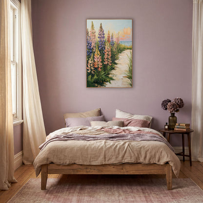 Seaside Lupine Path Bohemian wall art in a warm boho-style room – tall violet, pink and coral lupines and green beach