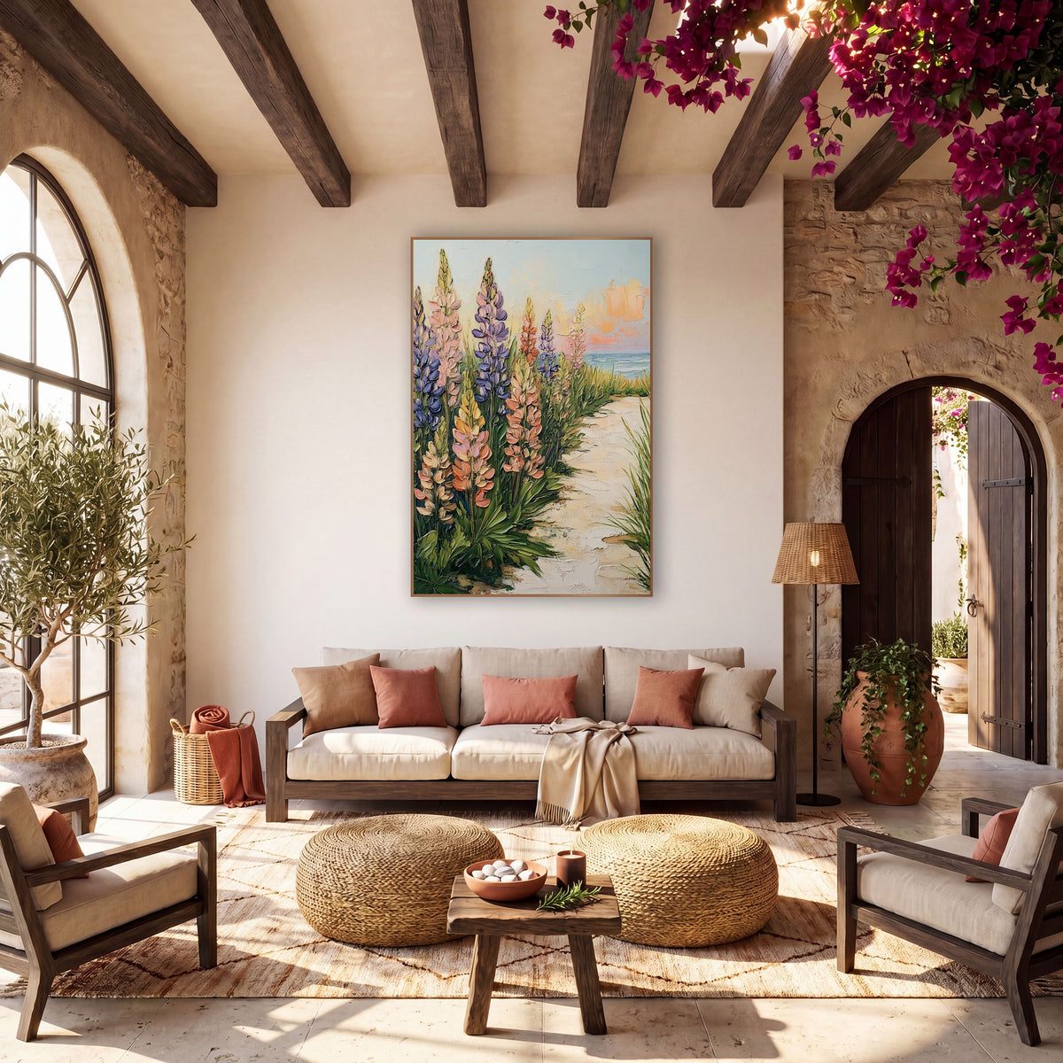 Seaside Lupine Path Bohemian wall art in a warm boho-style room – tall violet, pink and coral lupines and green beach