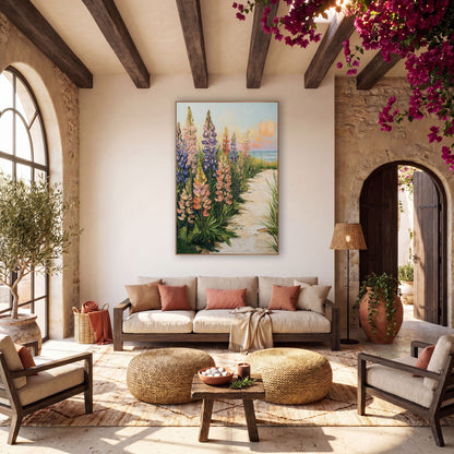 Seaside Lupine Path Bohemian wall art in a warm boho-style room – tall violet, pink and coral lupines and green beach