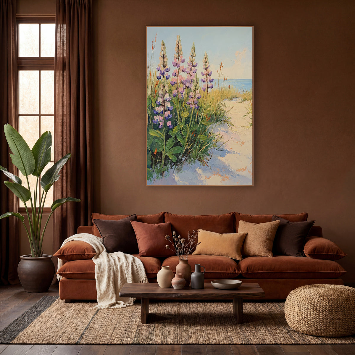 Pink Lupine Dune Path Boho wall art in a warm boho-style room – pink and purple lupines and golden grasses