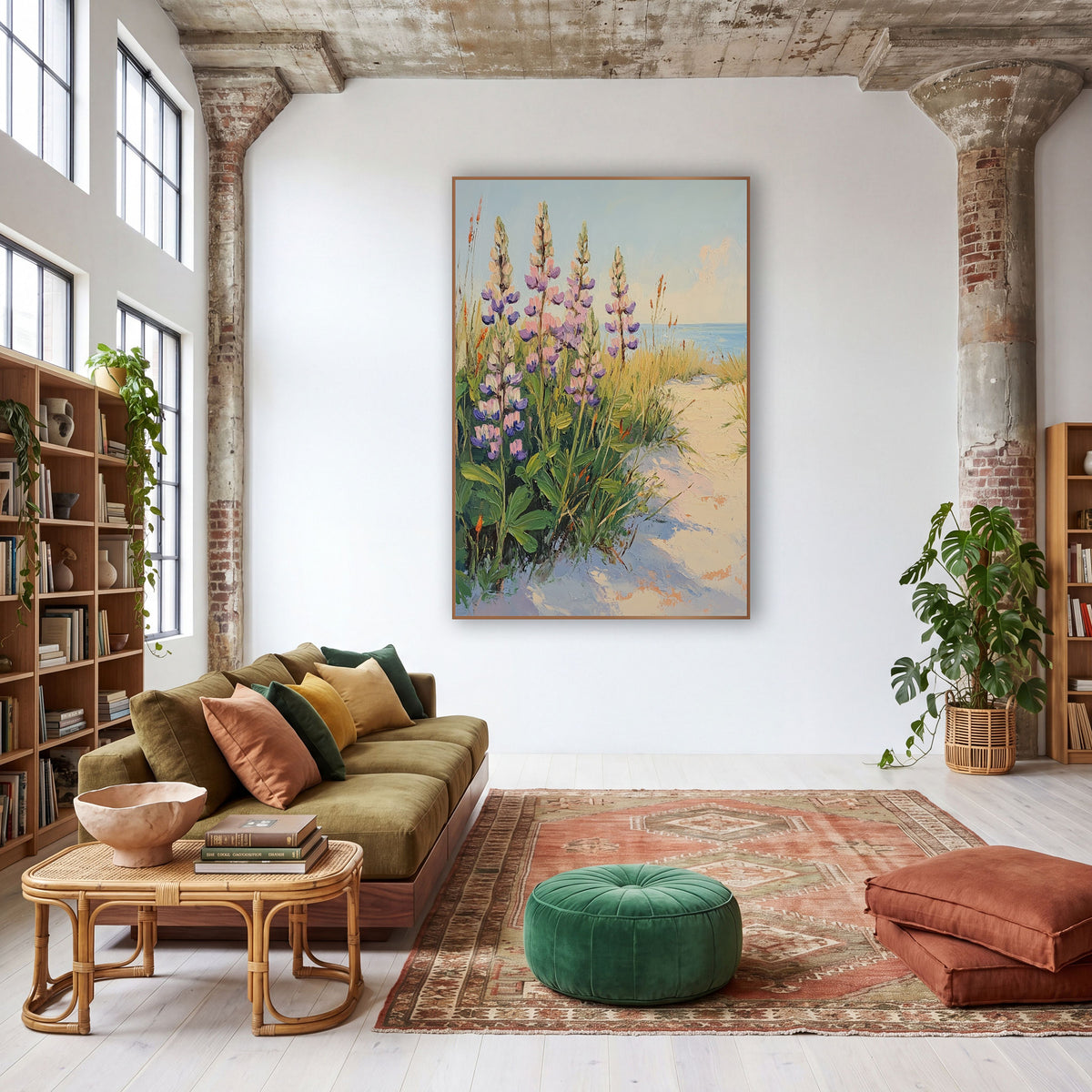 Pink Lupine Dune Path Boho wall art in a warm boho-style room – pink and purple lupines and golden grasses