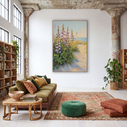 Pink Lupine Dune Path Boho wall art in a warm boho-style room – pink and purple lupines and golden grasses