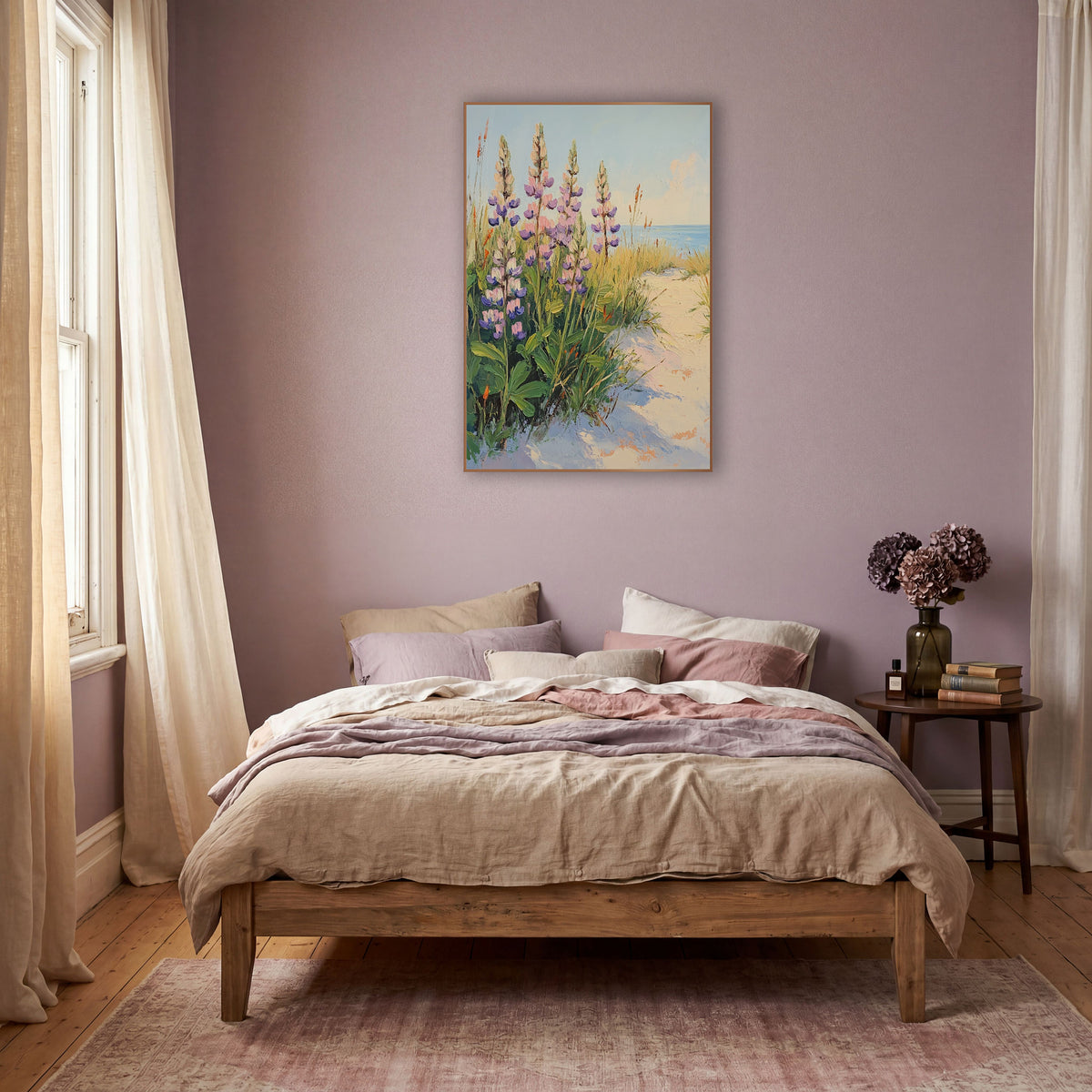 Pink Lupine Dune Path Boho wall art in a warm boho-style room – pink and purple lupines and golden grasses