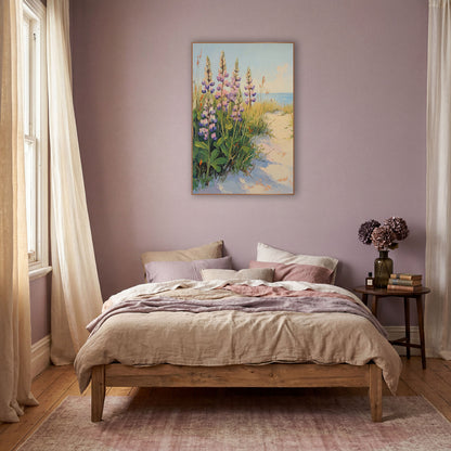 Pink Lupine Dune Path Boho wall art in a warm boho-style room – pink and purple lupines and golden grasses