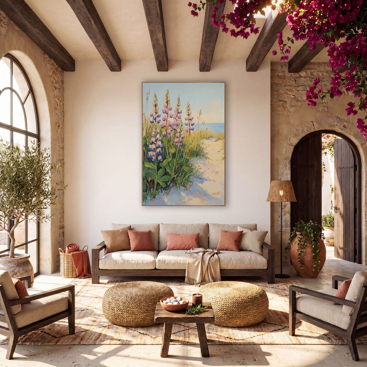 Pink Lupine Dune Path Boho wall art in a warm boho-style room – pink and purple lupines and golden grasses