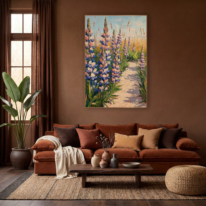 Blue Lupine Sandy Path Floral wall art in a warm boho-style room – tall blue and peach lupine flowers and golden