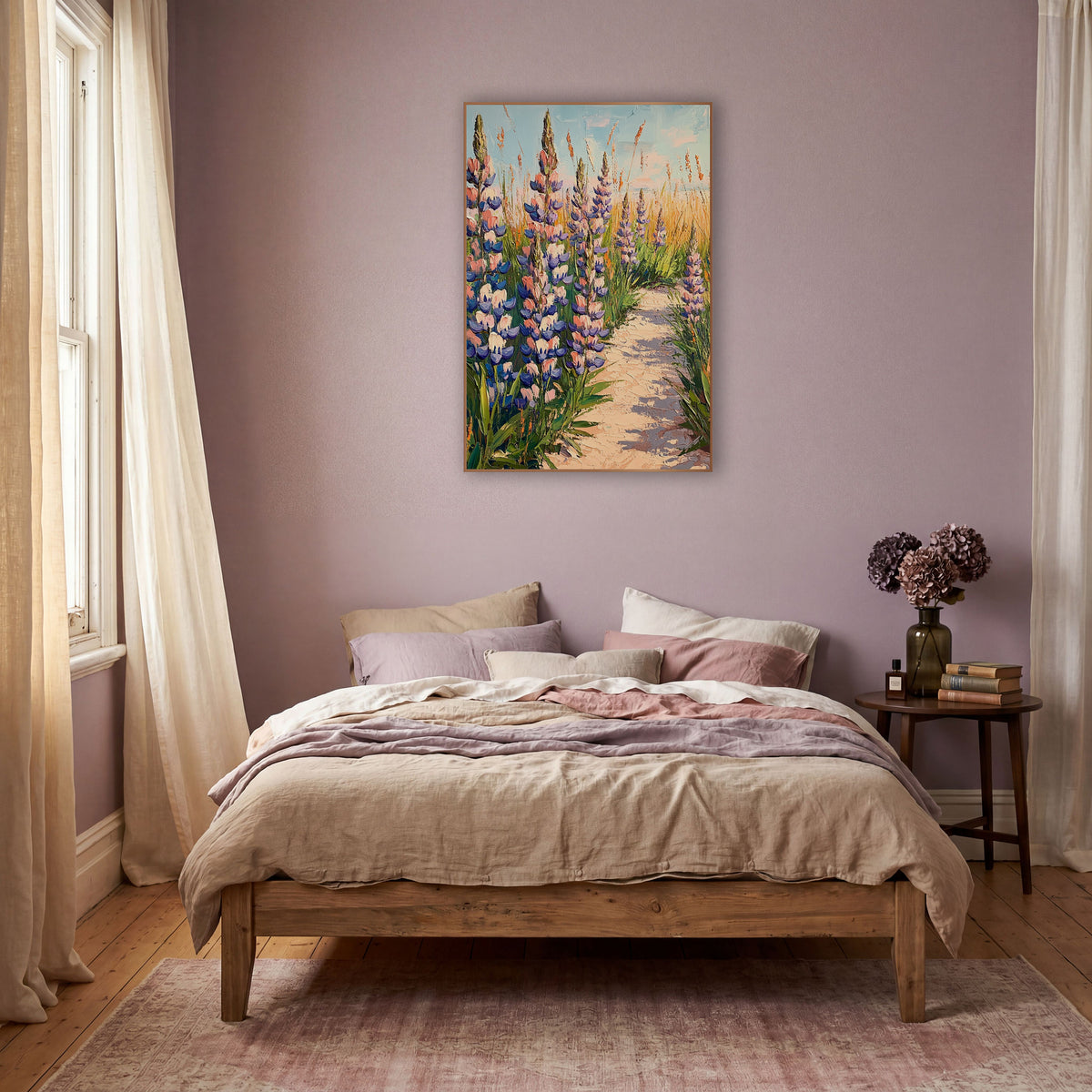 Blue Lupine Sandy Path Floral wall art in a warm boho-style room – tall blue and peach lupine flowers and golden