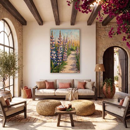 Blue Lupine Sandy Path Floral wall art in a warm boho-style room – tall blue and peach lupine flowers and golden
