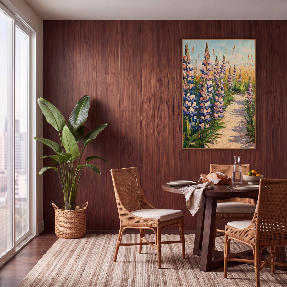 Blue Lupine Sandy Path Floral wall art in a warm boho-style room – tall blue and peach lupine flowers and golden