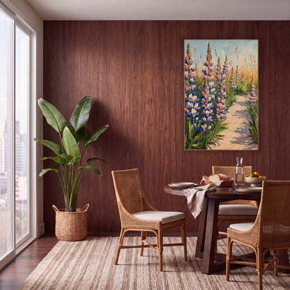 Blue Lupine Sandy Path Floral wall art in a warm boho-style room – tall blue and peach lupine flowers and golden