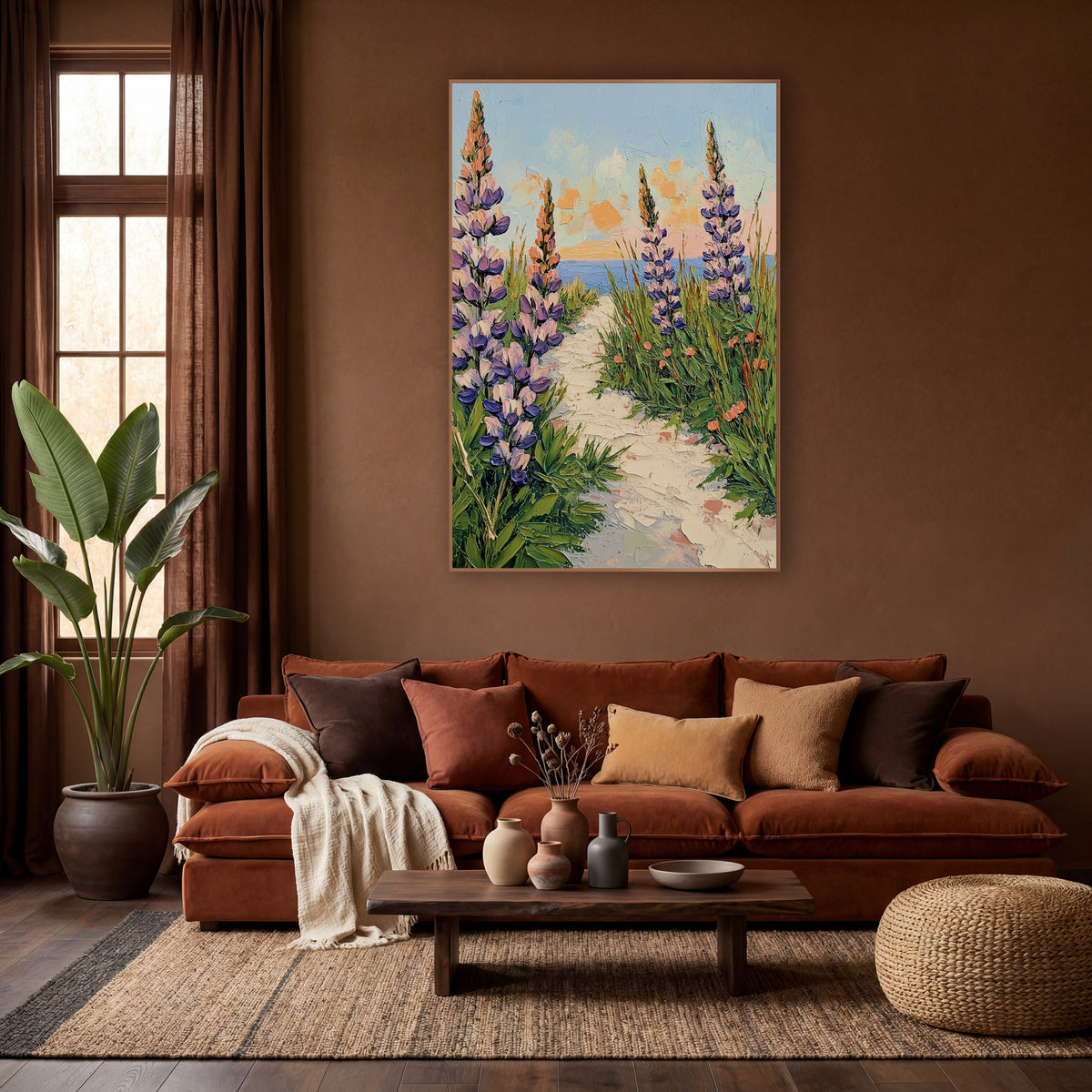 Purple Lupine Seaside Path Boho wall art in a warm boho-style room – tall purple lupines and green grasses