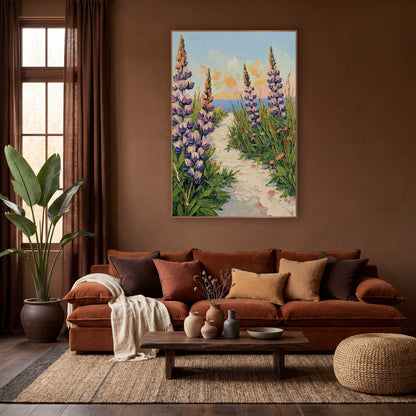 Purple Lupine Seaside Path Boho wall art in a warm boho-style room – tall purple lupines and green grasses