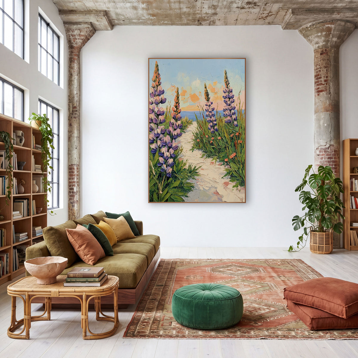 Purple Lupine Seaside Path Boho wall art in a warm boho-style room – tall purple lupines and green grasses