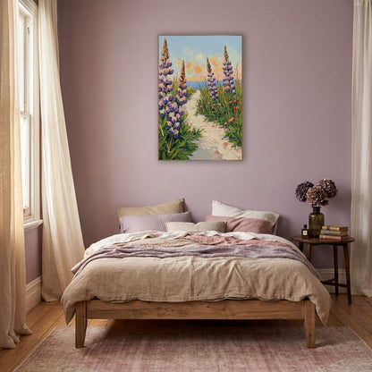 Purple Lupine Seaside Path Boho wall art in a warm boho-style room – tall purple lupines and green grasses