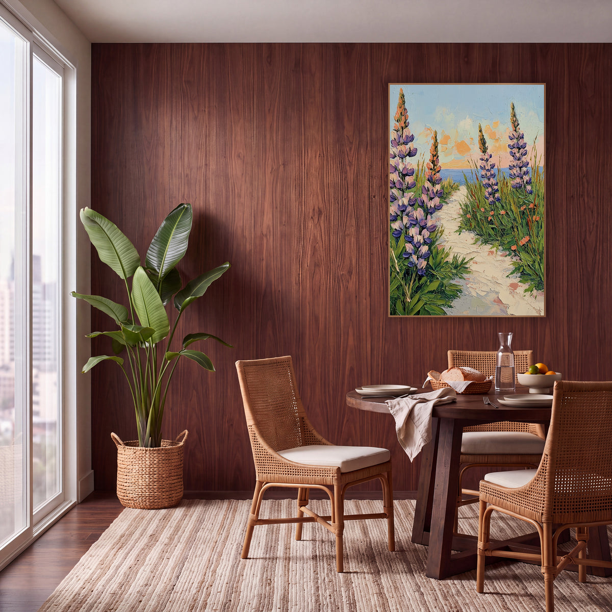 Purple Lupine Seaside Path Boho wall art in a warm boho-style room – tall purple lupines and green grasses