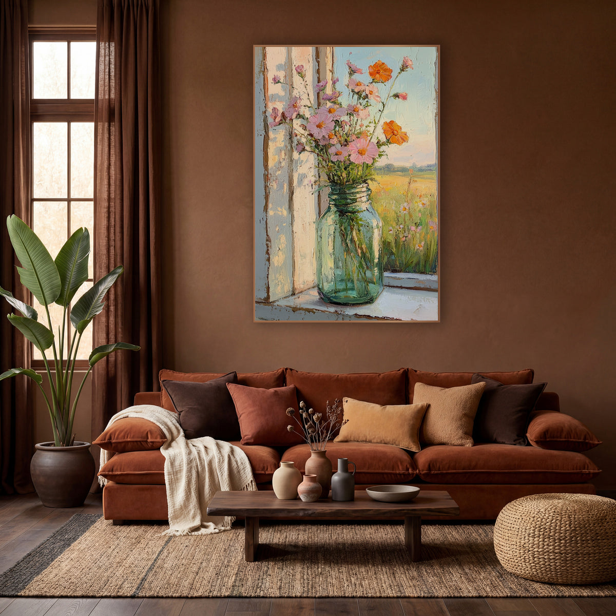 Wildflower Mason Jar Window Still Life wall art in a warm boho-style room – pink and orange wildflowers in a green