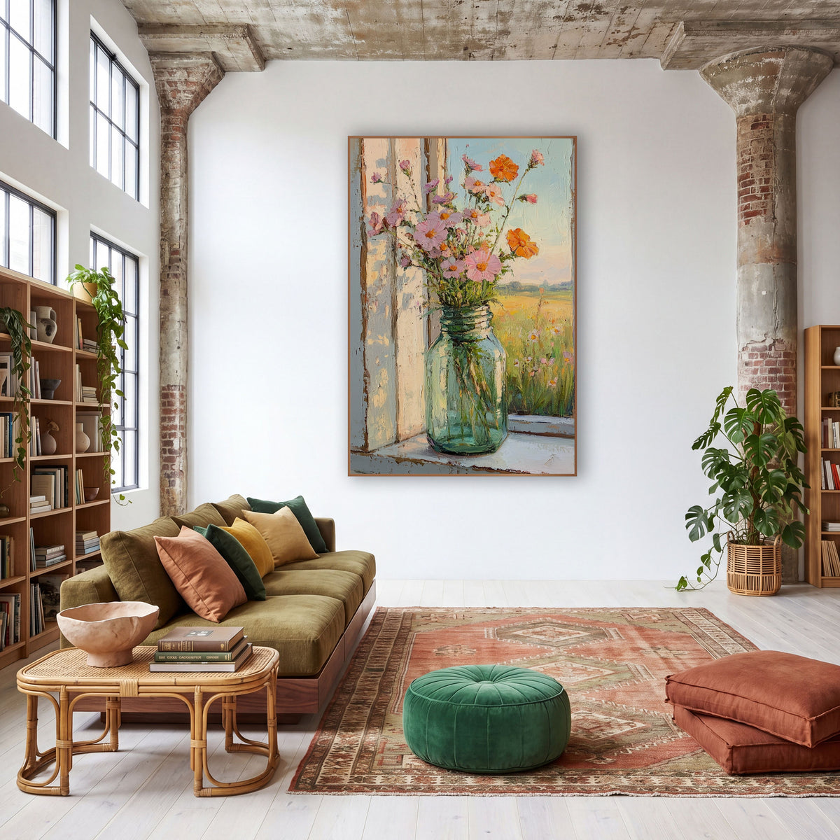Wildflower Mason Jar Window Still Life wall art in a warm boho-style room – pink and orange wildflowers in a green