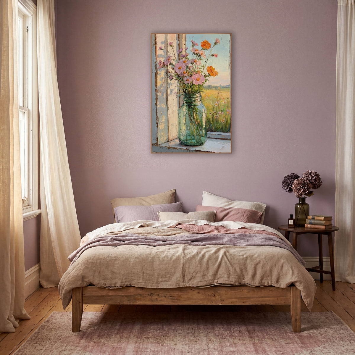 Wildflower Mason Jar Window Still Life wall art in a warm boho-style room – pink and orange wildflowers in a green