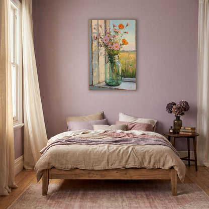 Wildflower Mason Jar Window Still Life wall art in a warm boho-style room – pink and orange wildflowers in a green