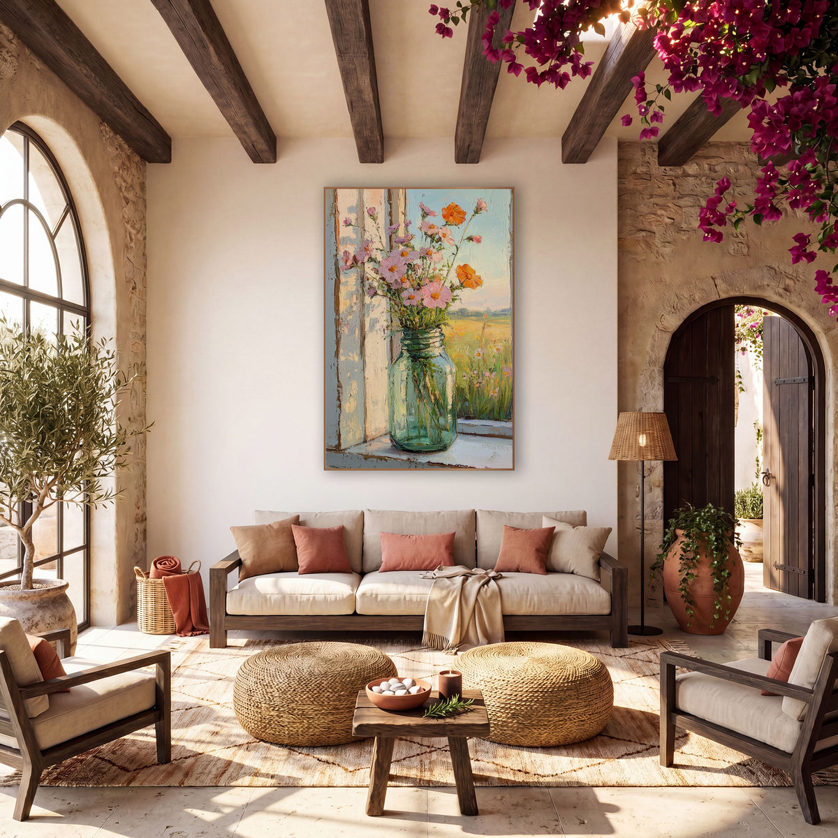 Wildflower Mason Jar Window Still Life wall art in a warm boho-style room – pink and orange wildflowers in a green