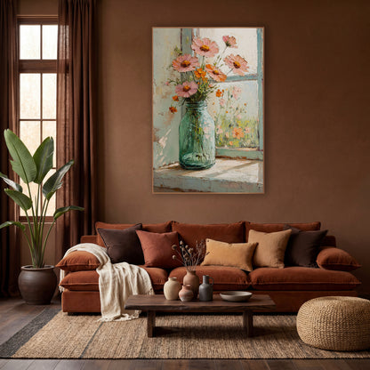 Pink Cosmos Windowsill Bouquet Floral wall art in a warm boho-style room – pink and orange wildflowers in a green