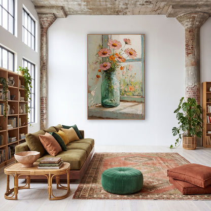 Pink Cosmos Windowsill Bouquet Floral wall art in a warm boho-style room – pink and orange wildflowers in a green