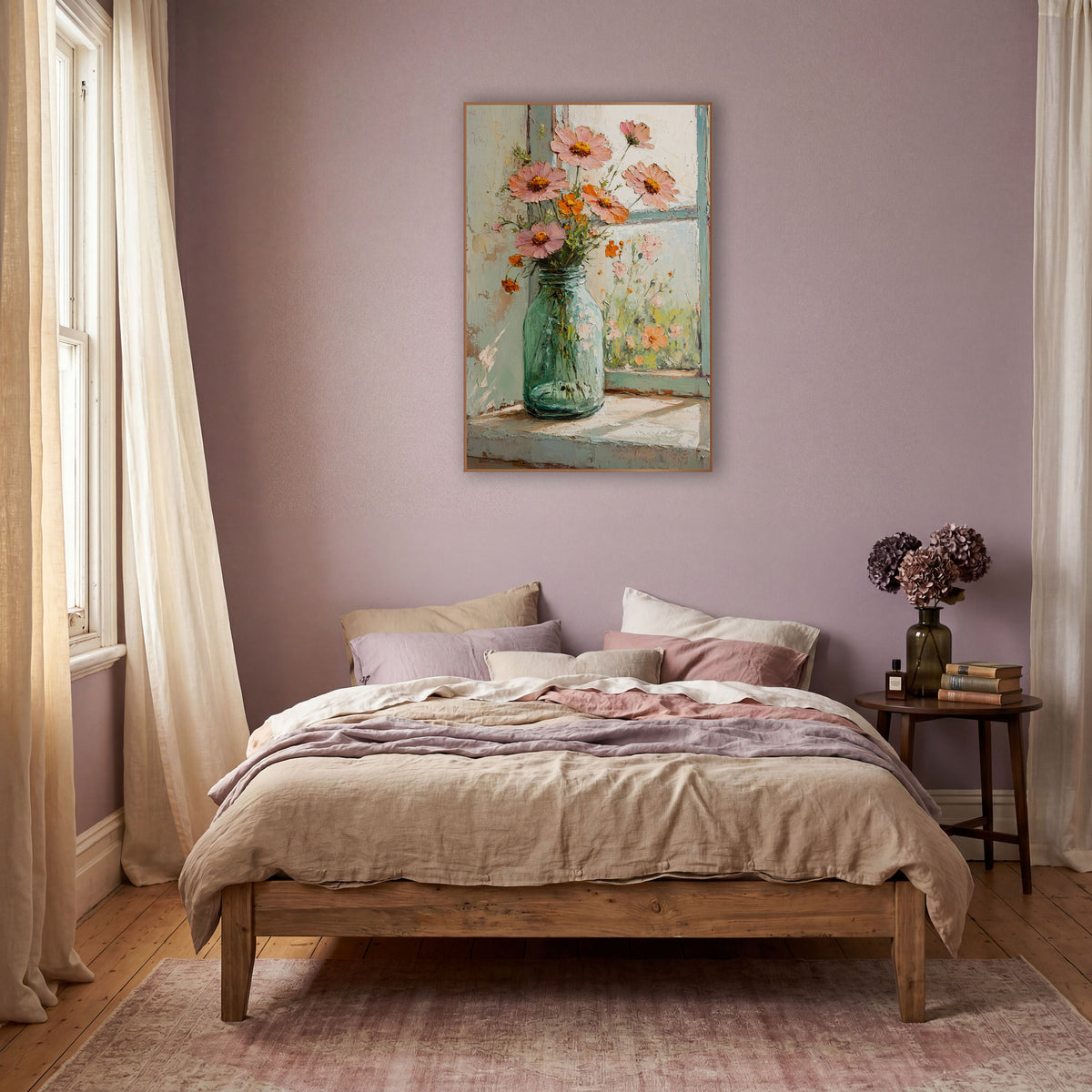 Pink Cosmos Windowsill Bouquet Floral wall art in a warm boho-style room – pink and orange wildflowers in a green