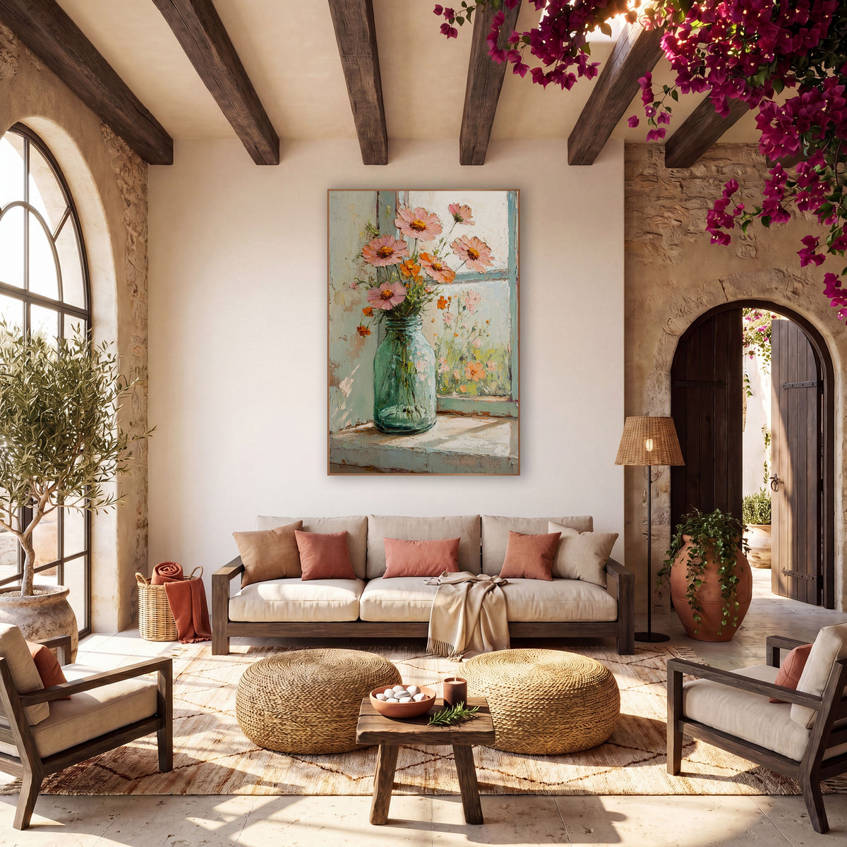 Pink Cosmos Windowsill Bouquet Floral wall art in a warm boho-style room – pink and orange wildflowers in a green