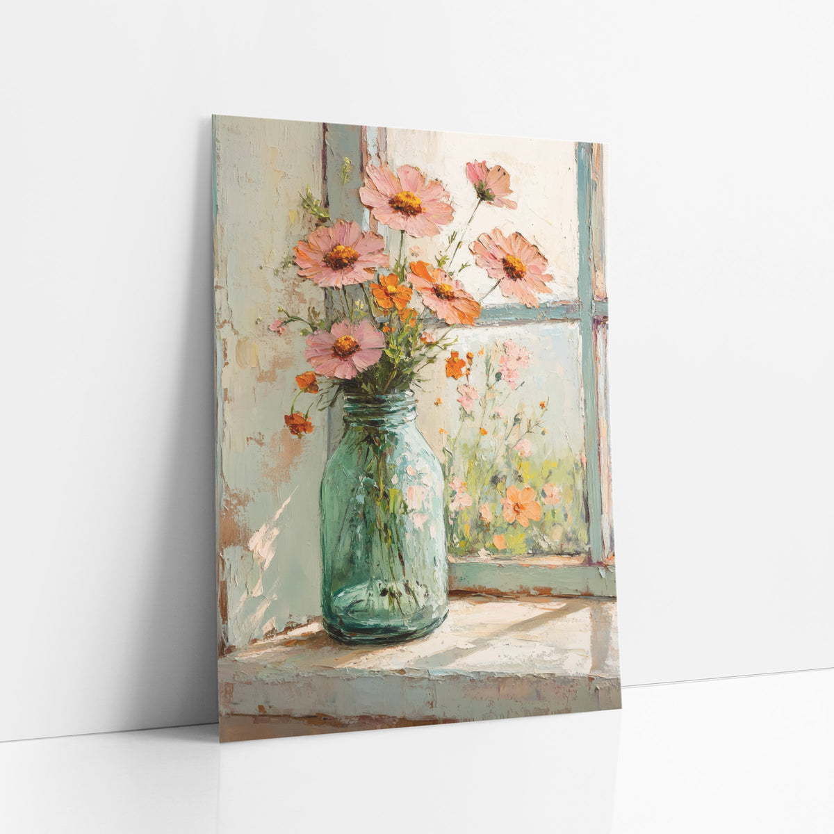 Pink Cosmos Windowsill Bouquet Floral art print leaning against a white wall – pink and orange wildflowers in a green glass