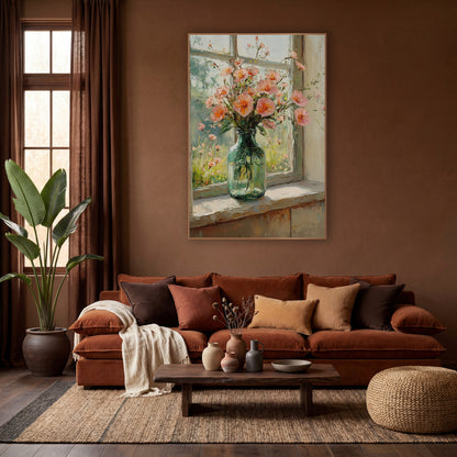 Peach Blossom Windowsill Floral Still Life wall art in a warm boho-style room – peach-pink blossoms in a green glass
