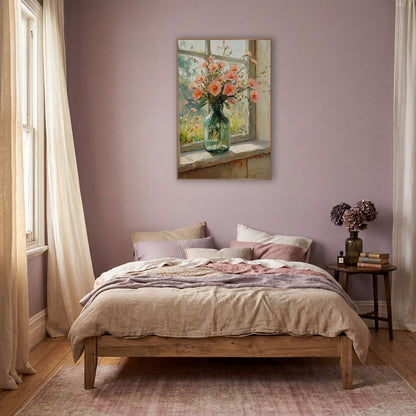 Peach Blossom Windowsill Floral Still Life wall art in a warm boho-style room – peach-pink blossoms in a green glass