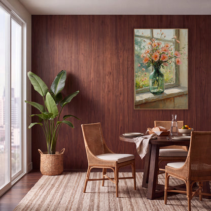 Peach Blossom Windowsill Floral Still Life wall art in a warm boho-style room – peach-pink blossoms in a green glass