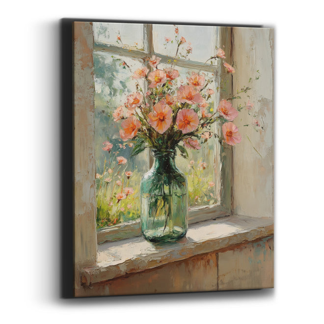 Peach Blossom Windowsill Floral Still Life Canvas Wall Art
