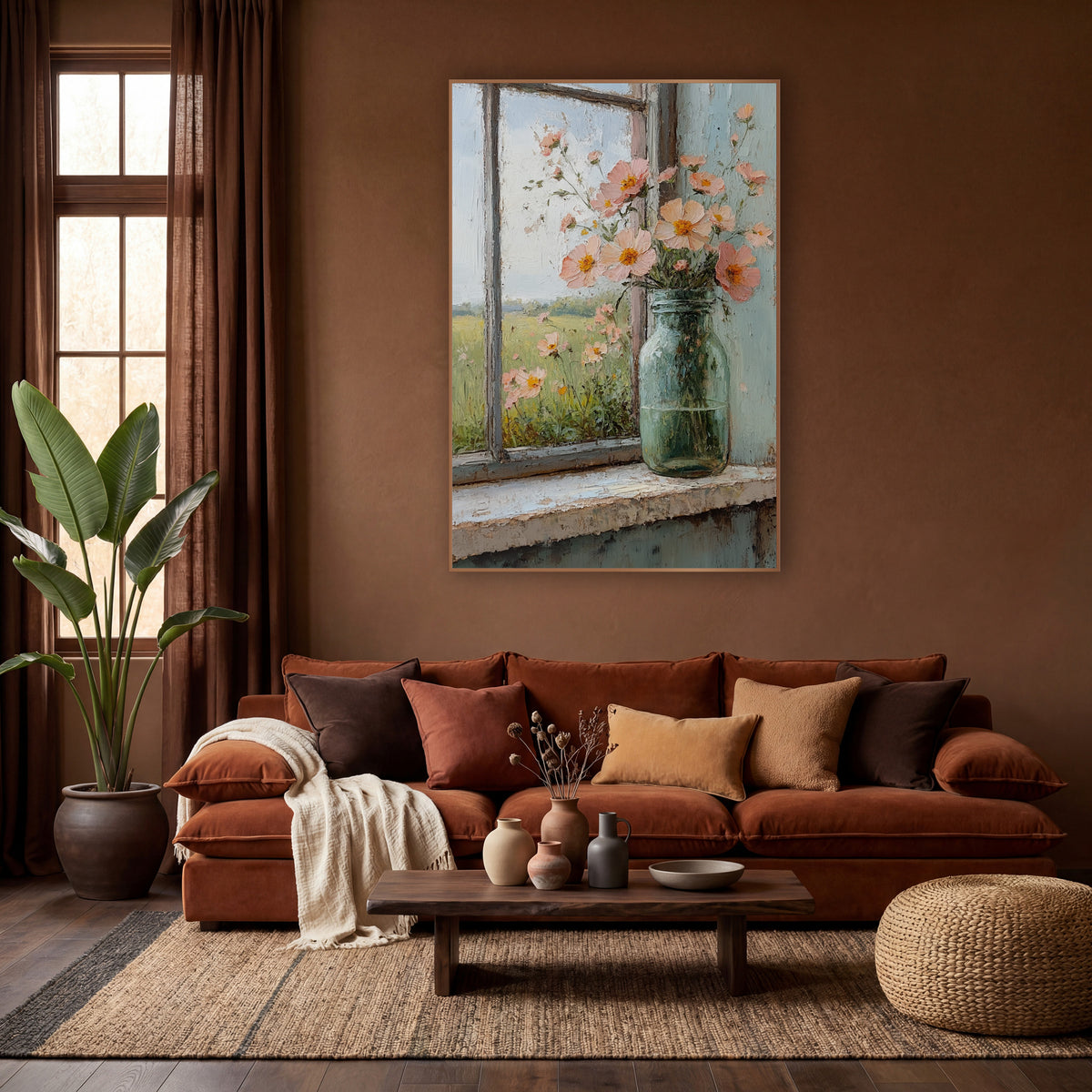 Peach Meadow Flowers Windowsill Rustic wall art in a warm boho-style room – peach flowers with orange centers