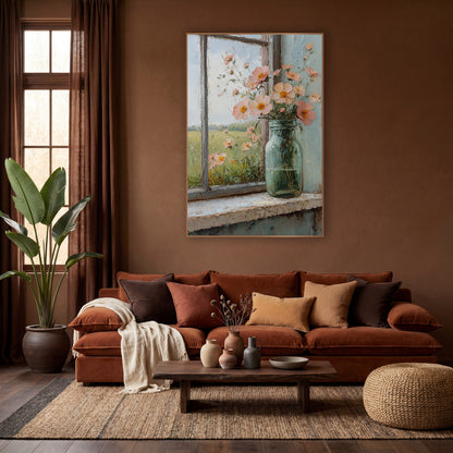 Peach Meadow Flowers Windowsill Rustic wall art in a warm boho-style room – peach flowers with orange centers