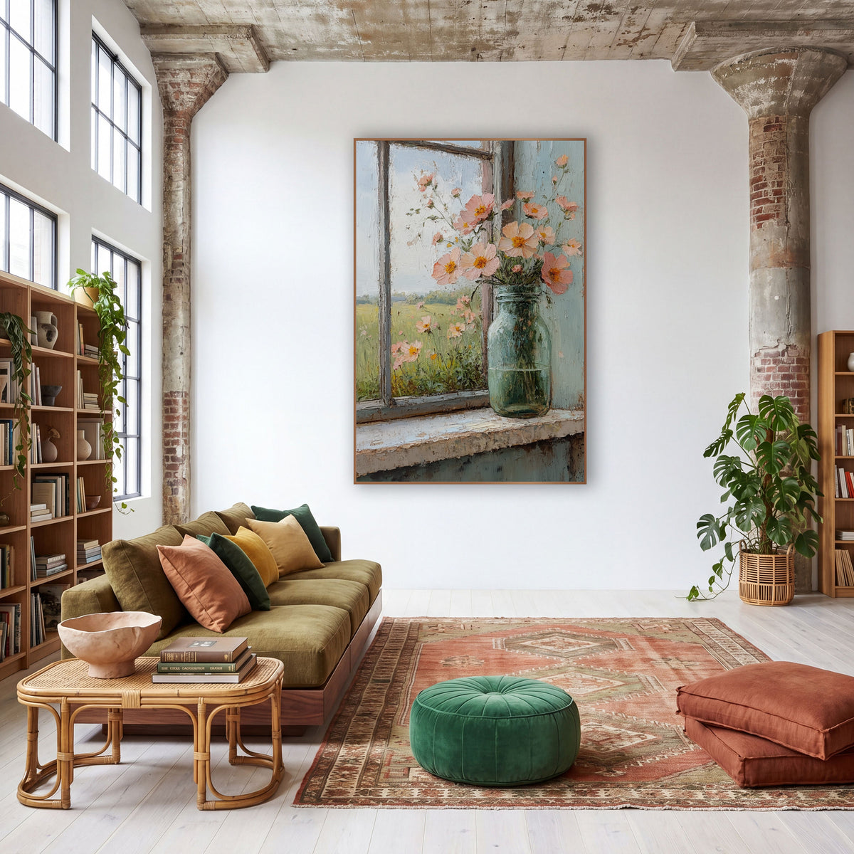 Peach Meadow Flowers Windowsill Rustic wall art in a warm boho-style room – peach flowers with orange centers
