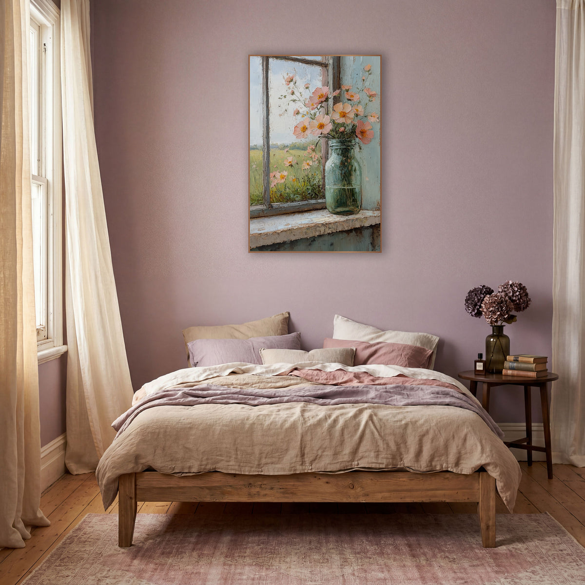 Peach Meadow Flowers Windowsill Rustic wall art in a warm boho-style room – peach flowers with orange centers