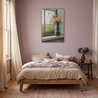 Peach Meadow Flowers Windowsill Rustic wall art in a warm boho-style room – peach flowers with orange centers