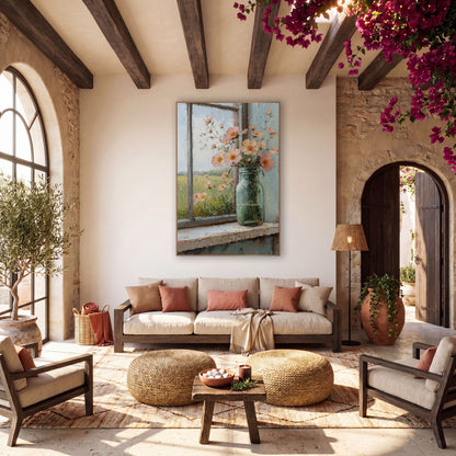 Peach Meadow Flowers Windowsill Rustic wall art in a warm boho-style room – peach flowers with orange centers